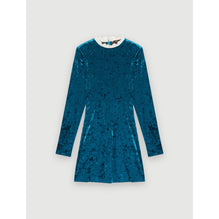 Women Crushed Velvet Dress With Fancy Collar  - Blue