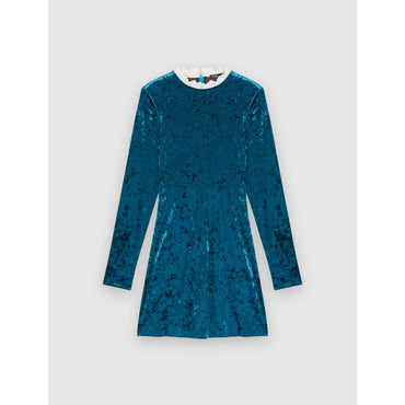 Women Crushed Velvet Dress With Fancy Collar- Blue