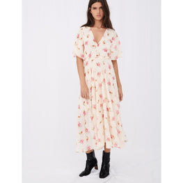 Women Asymmetric Dress In Printed Muslin - Grunge Flowers White Pink