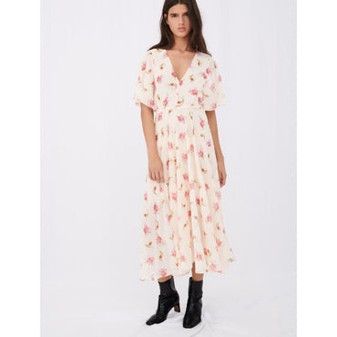 Women Asymmetric Dress In Printed Muslin - Grunge Flowers White Pink