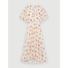 Women Asymmetric Dress In Printed Muslin - Grunge Flowers White Pink