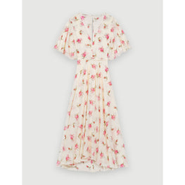 Women Asymmetric Dress In Printed Muslin - Grunge Flowers White Pink