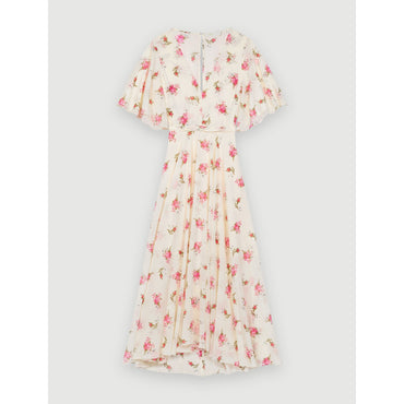 Women Asymmetric Dress In Printed Muslin - Grunge Flowers White Pink