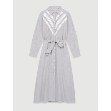 Women Striped And Lace Shirt Dress - Navy / Ecru