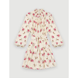 Women Baby Doll Dress In Printed Crêpe - Grunge Flowers White Pink