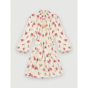 Women Baby Doll Dress In Printed Crêpe - Grunge Flowers White Pink