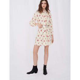 Women Baby Doll Dress In Printed Crêpe - Grunge Flowers White Pink