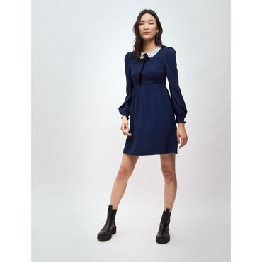 Women Smocked Dress With Guipure Collar - Navy