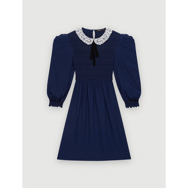 Women Smocked Dress With Guipure Collar - Navy