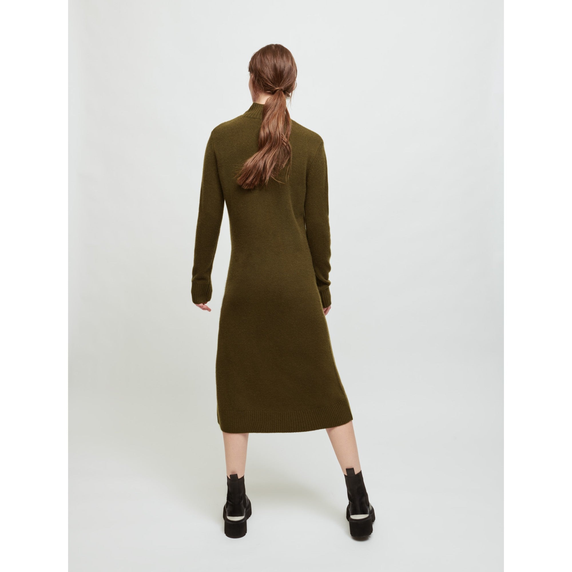 Women Cashmere Sweater Dress With Collar  - Khaki