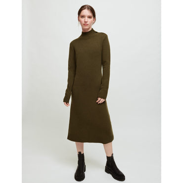 Women Cashmere Sweater Dress With Collar- Khaki