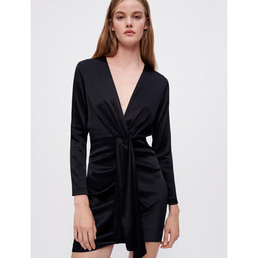 Women Satin Tie-Front Dress - Black