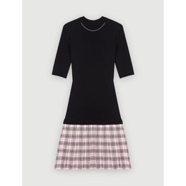 Women Checked Wool And Knit Dress - Black