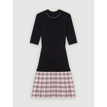 Women Checked Wool And Knit Dress - Black