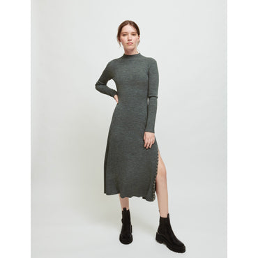 Women Knitted Slit Dress With Piercings - Grey