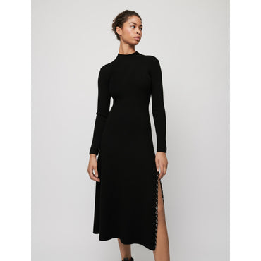 Women Knitted Slit Dress With Piercings - Black