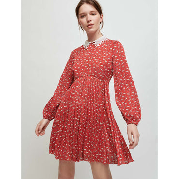 Women Horse-Print Dress With Guipure Collar - Red Horses