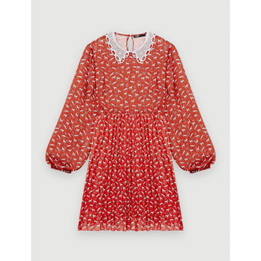 Women Horse-Print Dress With Guipure Collar - Red Horses