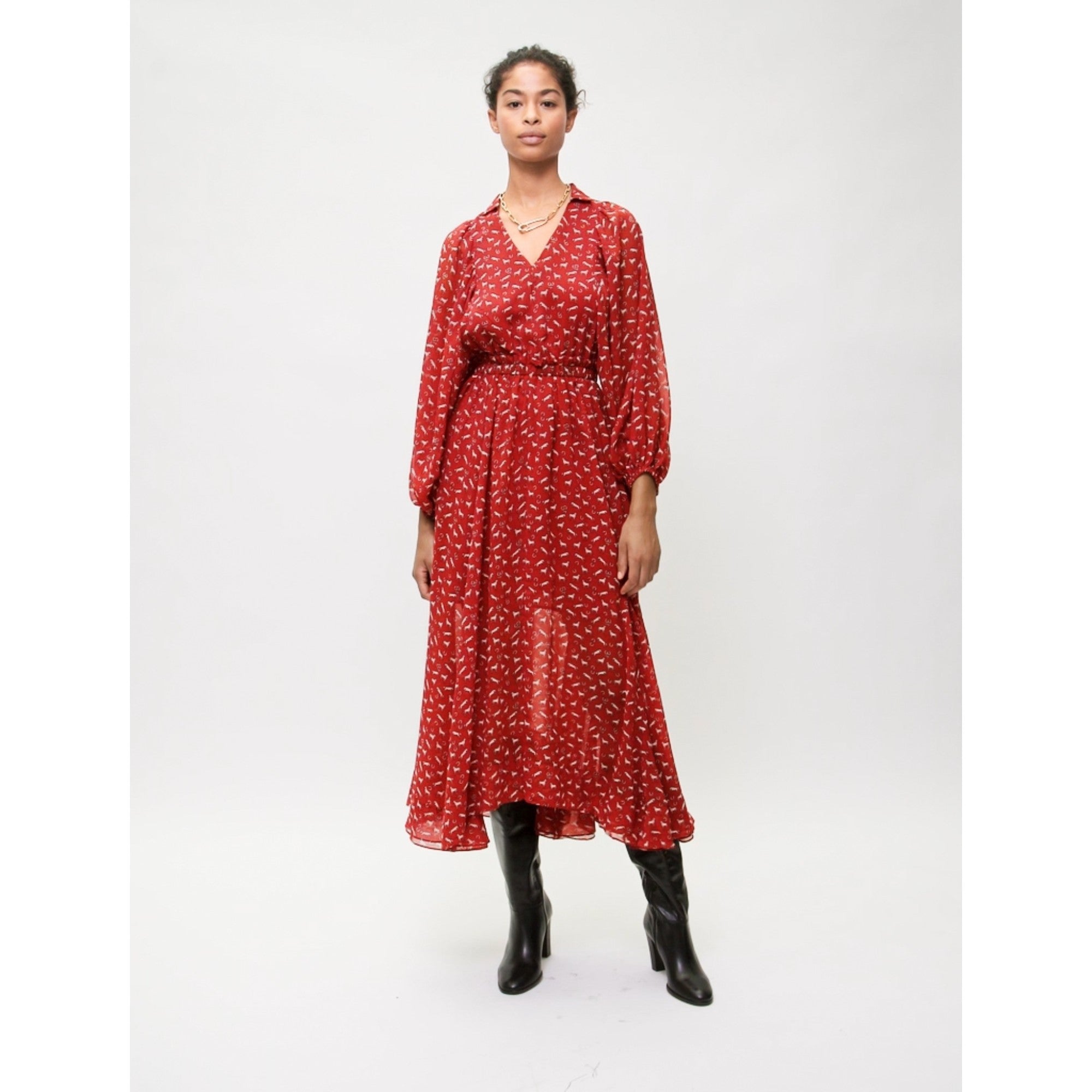 Women Horse Print Chiffon Dress - Red Horses