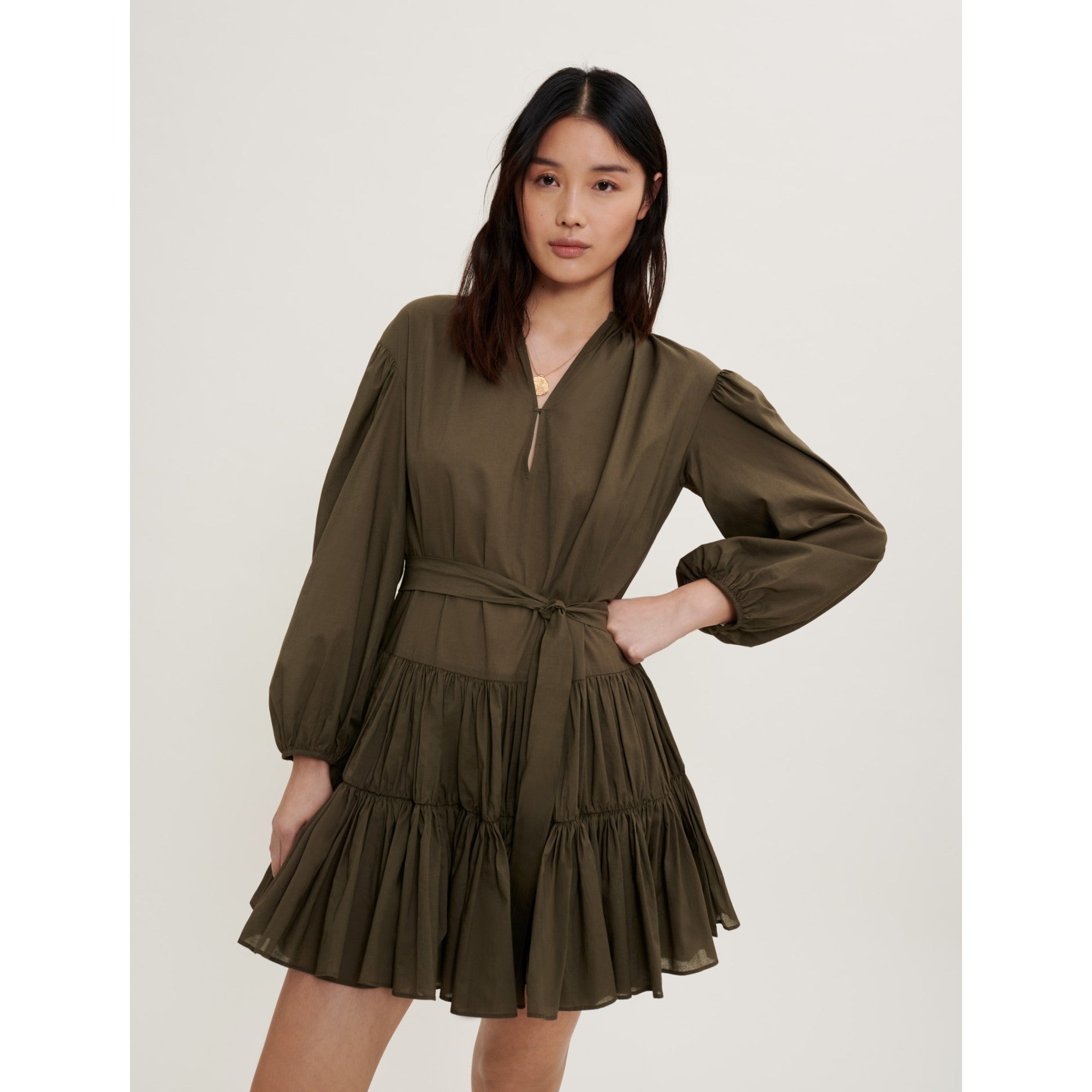 Women Belted Cotton Dress - Khaki