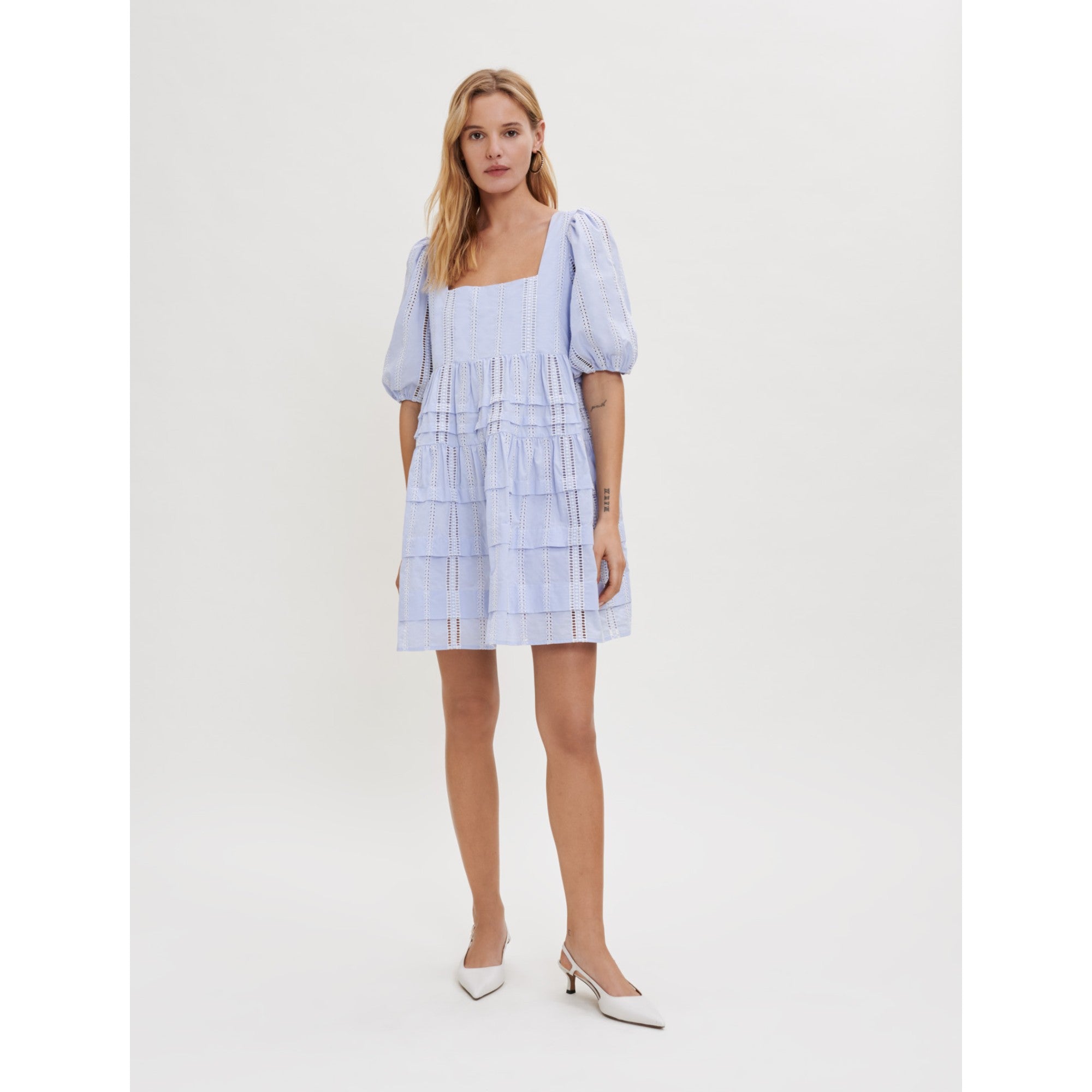 Women Cotton Dress With Small Contrasting Trim - Blue Sky