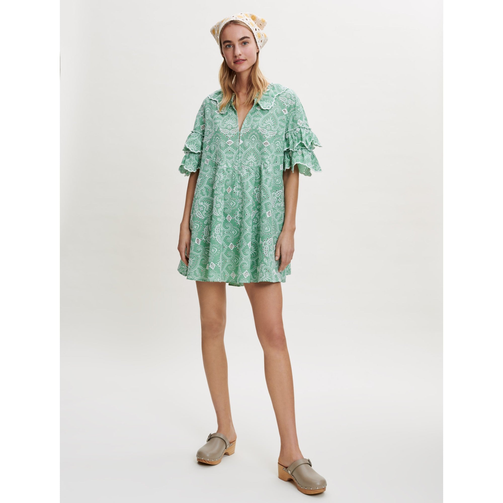 Women Embroidered Cotton Dress - Light Green