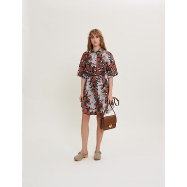 Women Printed Cotton Voile Shirt Dress - Ethnic Terracotta