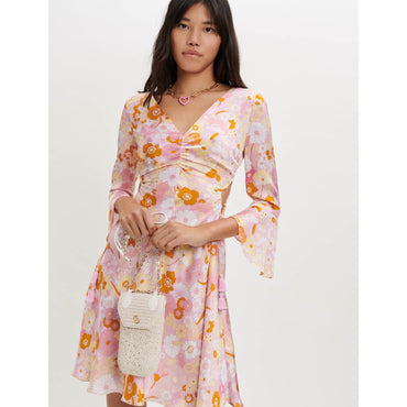 Women Flower Power Printed Satin Dress - Pink