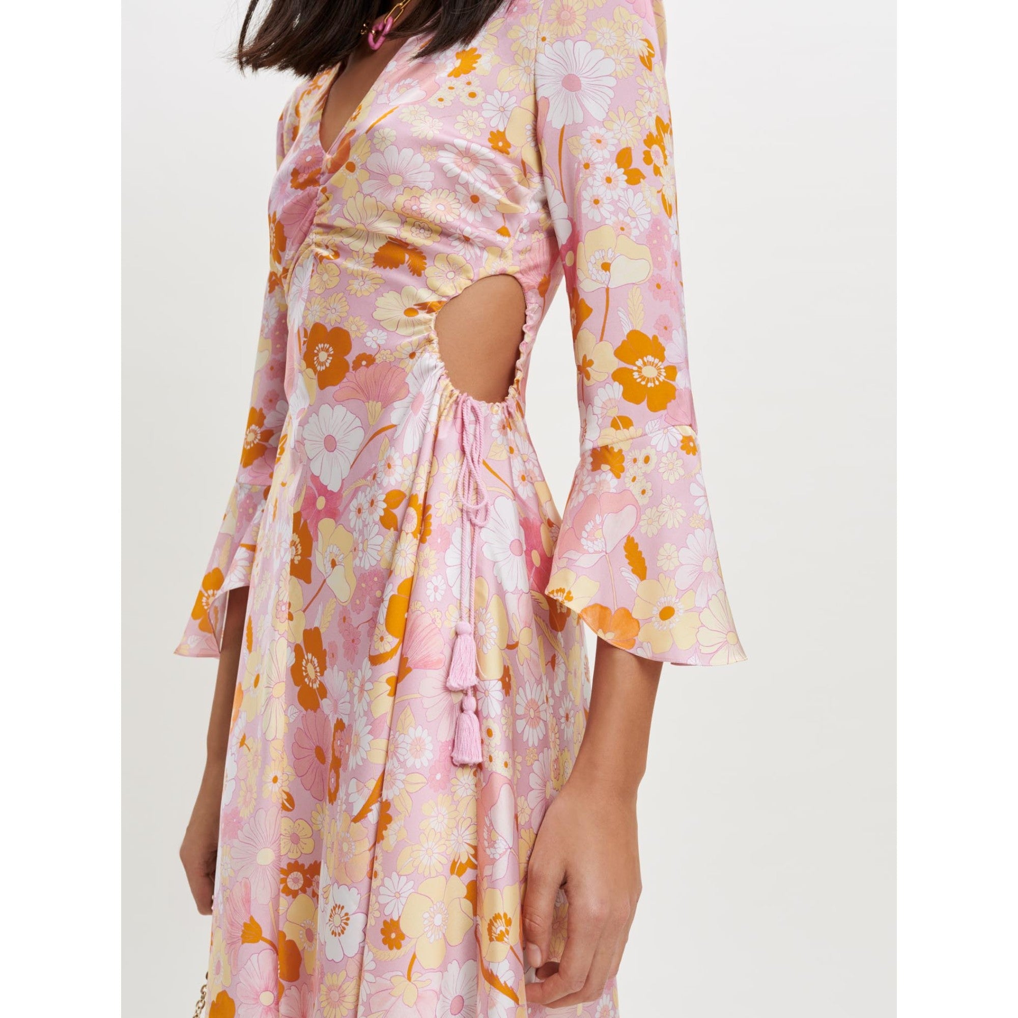 Women Flower Power Printed Satin Dress - Pink