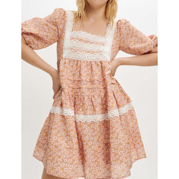 Women Printed Lace Braid Dress - Pink Daisy