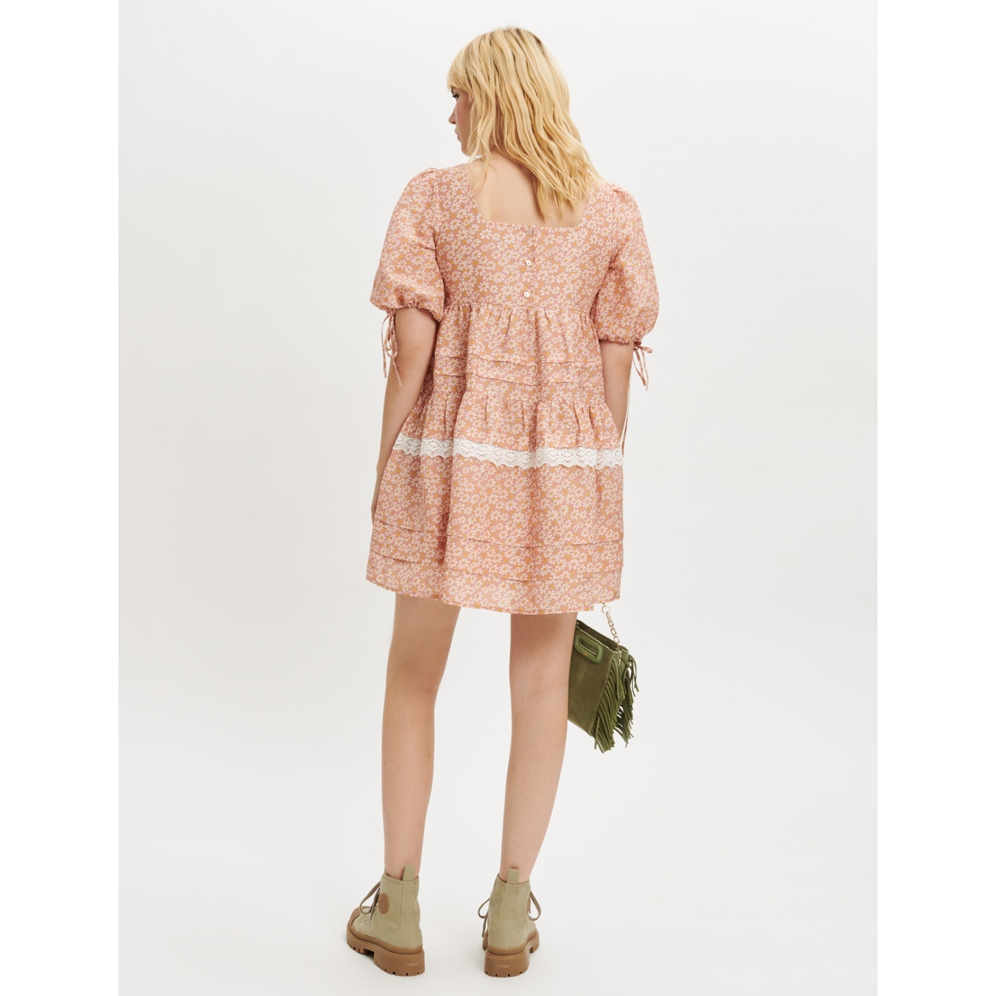 Women Printed Lace Braid Dress - Pink Daisy