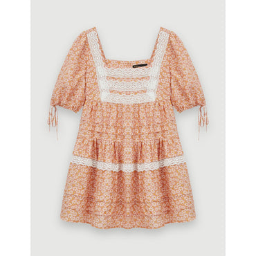 Women Printed Lace Braid Dress - Pink Daisy