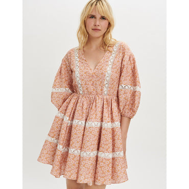 Women Printed Lace Braid Dress - Pink Daisy