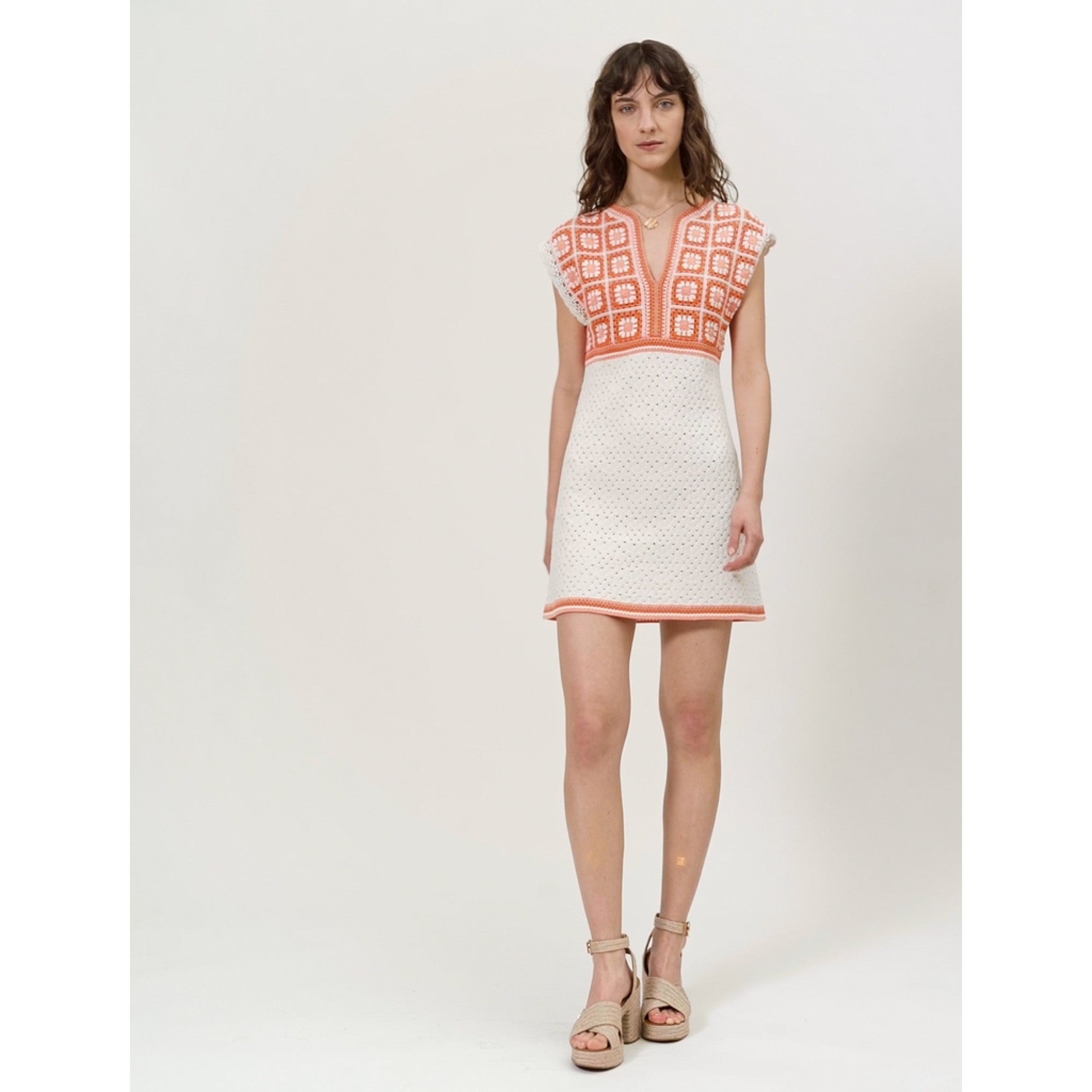 Women Two-Colour Crochet Dress - Orange