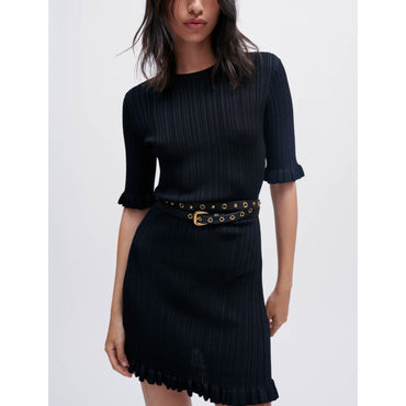 Women Ruffle Knit Dress - Black