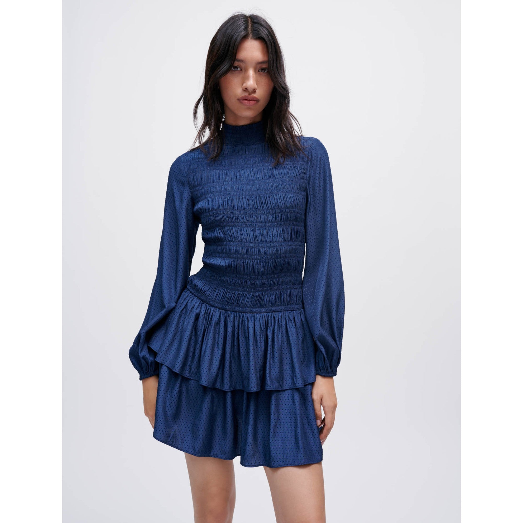 Women Flounced Satin Smocked Dress - Navy