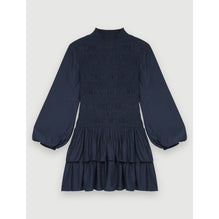 Women Flounced Satin Smocked Dress - Navy