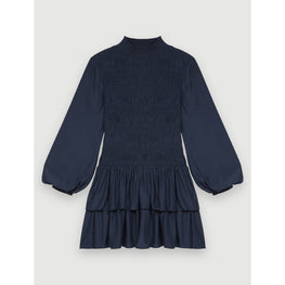 Women Flounced Satin Smocked Dress - Navy