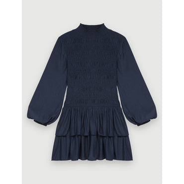 Women Flounced Satin Smocked Dress - Navy