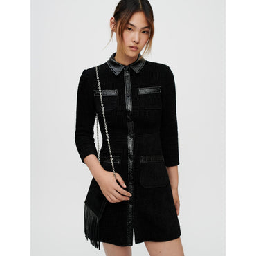 Women Velvet Tweed And Vinyl Dress - Black