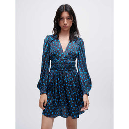 Women Printed Satin Dress With Ruffles - Blue Mini Flowers