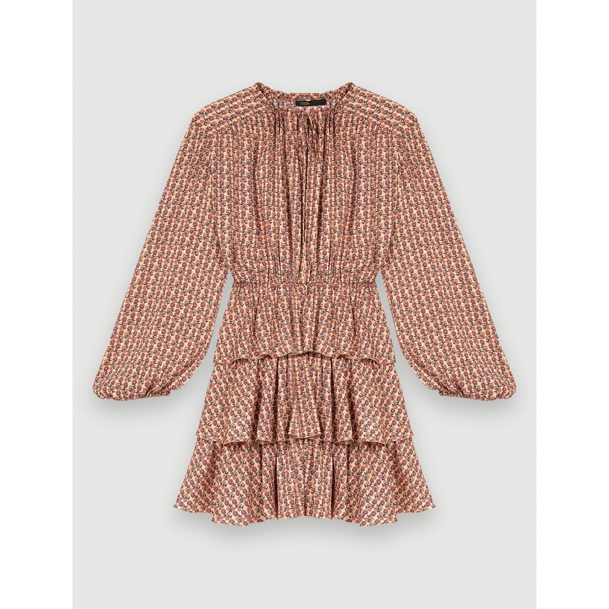 Women Flounced Printed Flowing Dress - Mini Flowers Dark Pink