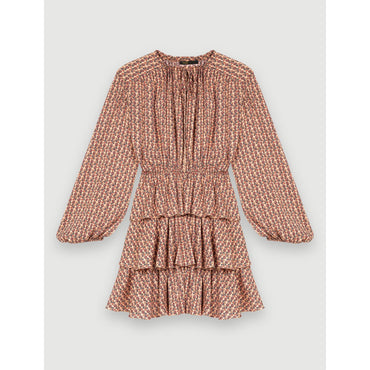 Women Flounced Printed Flowing Dress - Mini Flowers Dark Pink