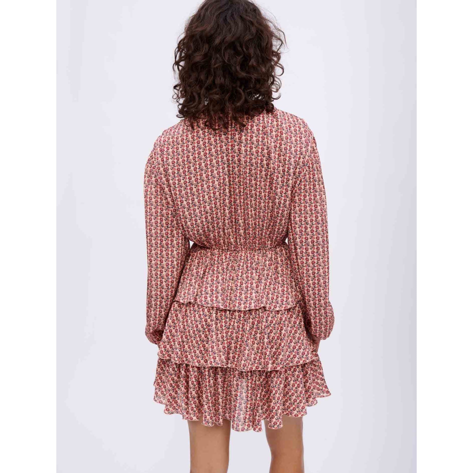Women Flounced Printed Flowing Dress - Mini Flowers Dark Pink