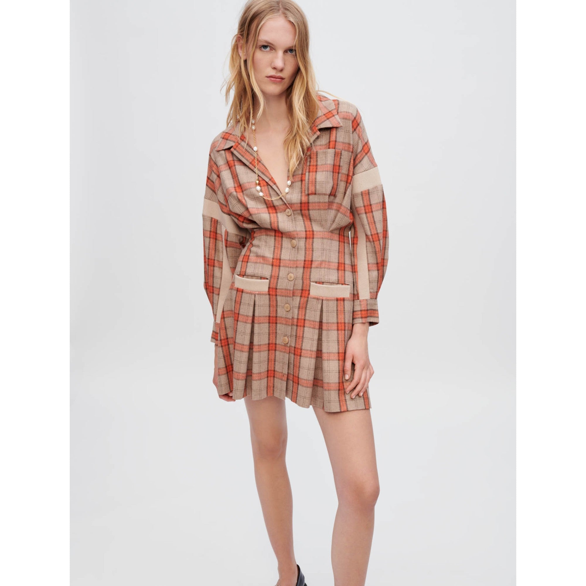 Women Orange And Camel Check Shirt Dress - Orange