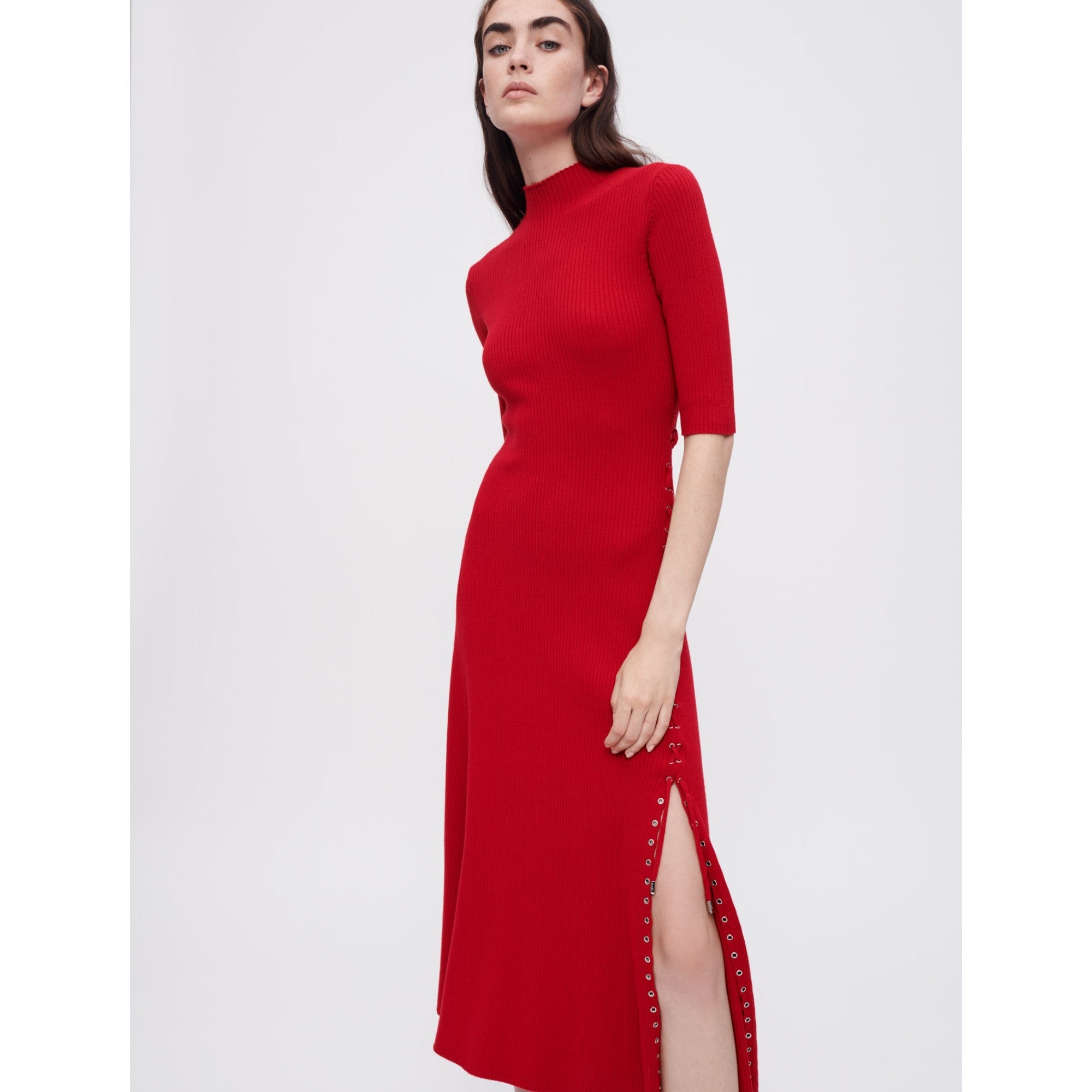 Women Ribbed Knit Dress With Gold Eyelets - Red