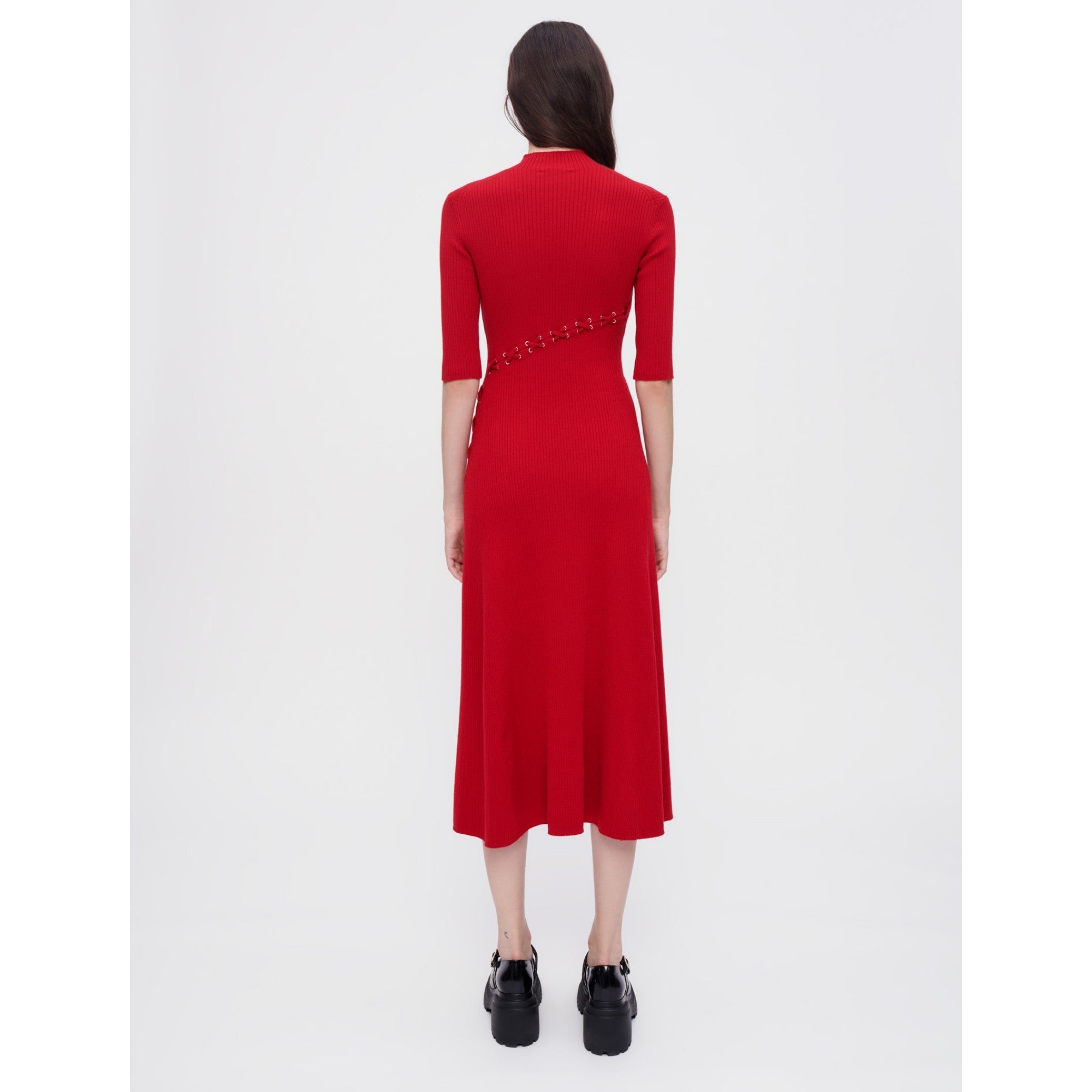 Women Ribbed Knit Dress With Gold Eyelets - Red