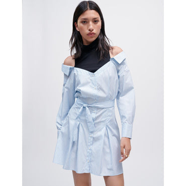 Women Striped Trompe L'Oeil Shirt Dress - Light Blue