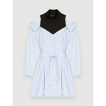 Women Striped Trompe L'Oeil Shirt Dress - Light Blue