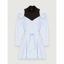 Women Striped Trompe L'Oeil Shirt Dress - Light Blue